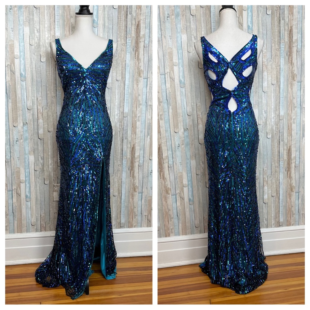 Mac Duggal 4 Blue Sequin Slit Cut Out Back Gown Long Dress Prom Pageant Formal